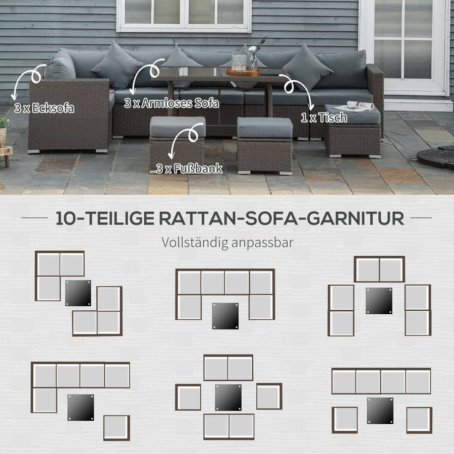 Outsunny Sitzgruppe aus Polyrattan in Dunkelgrau mit Stahlgestell und Polyesterbezug, B/H/L: 68 x 120 x 73 cm - Bild 3