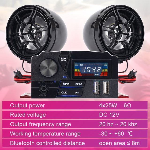 Dobeechi 4-Kanal Motorrad Bluetooth-Lautsprecher mit LCD-Bildschirm und Freisprechfunktion, 12V, 4x25W, wasserdicht und diebstahlsicher - Bild 1