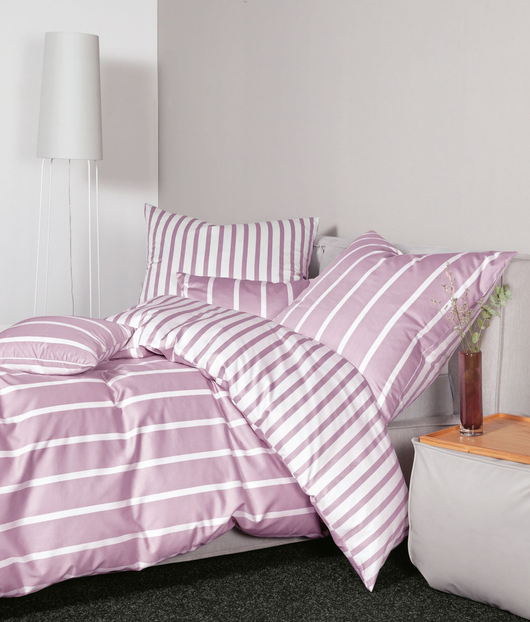 Janine Bettwäsche Modern Classic Streifenlook aus Mako-Satin, Weiß/Pink, Breite: 155 cm, Länge: 220 cm - Bild 1