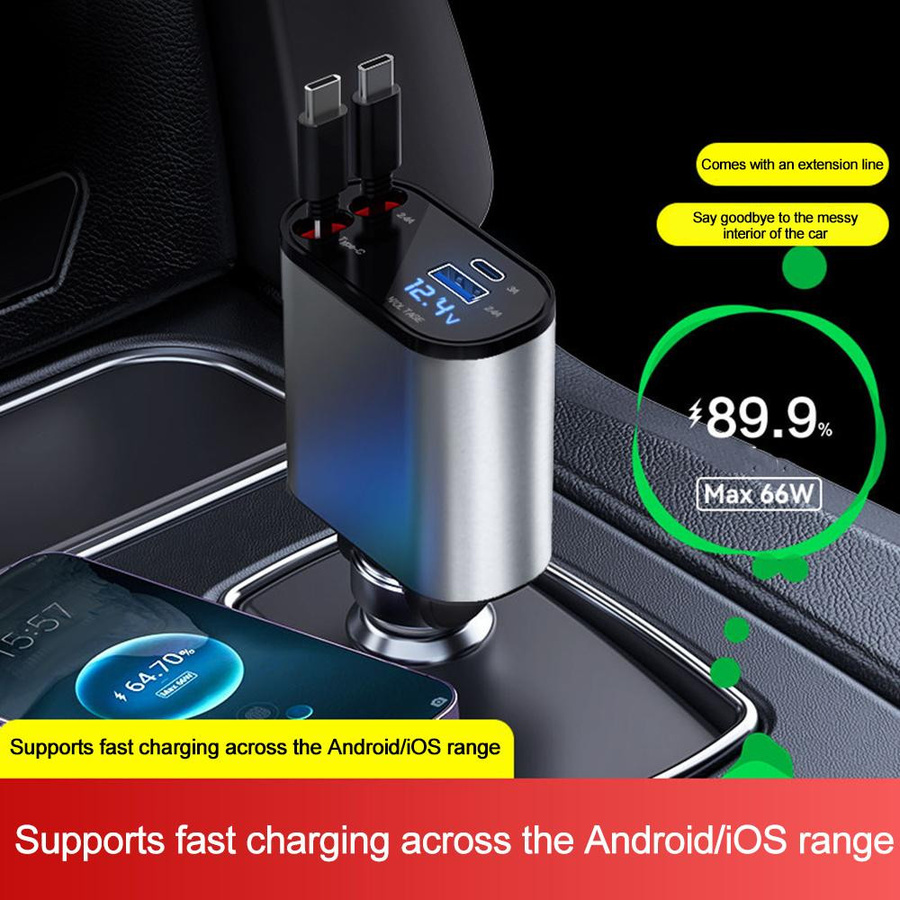 YJMP 100W Autoladegerät mit USB-C und USB-A, superschnelles Aufladen mit einziehbarem Kabel und Spannungsanzeige für iPhone, Huawei und Samsung - Bild 10
