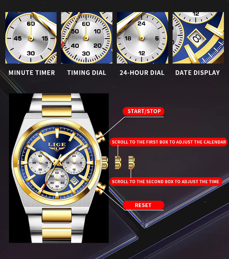 LIGE Armbanduhr Chronograph, Quarz, Edelstahl, Blau, Herren - Bild 6