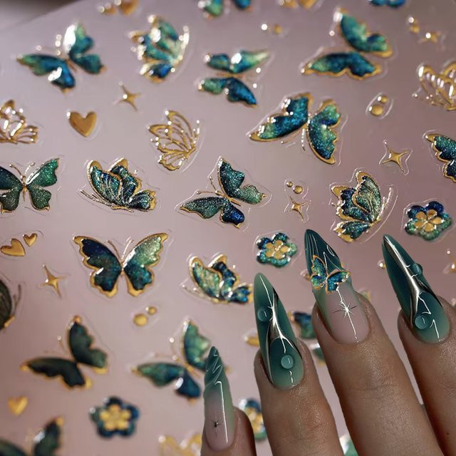 MAFANAILS NO.9 Nagelaufkleber, Schmetterling, Blau Grün, Glitter - Bild 1