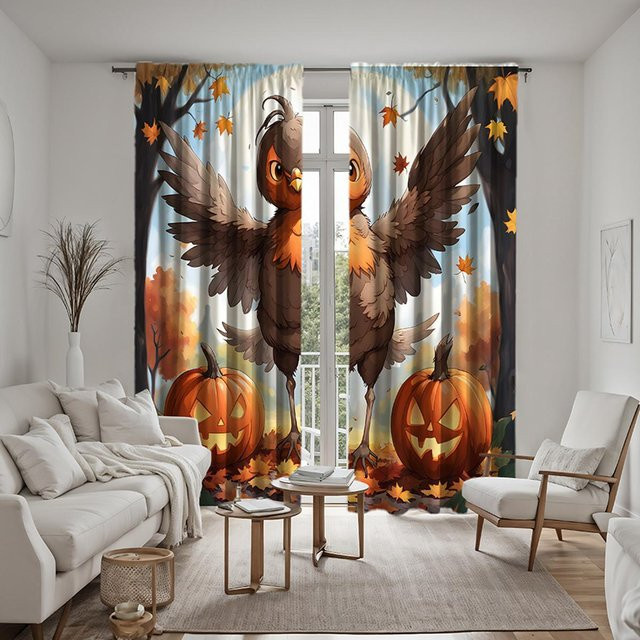 2er Set dekorative Vorhänge mit Halloween Kürbis Hahn und Ahornblatt Motiv in Schwarz und Multicolour, B: 132 cm, H: 160 cm - Bild 1