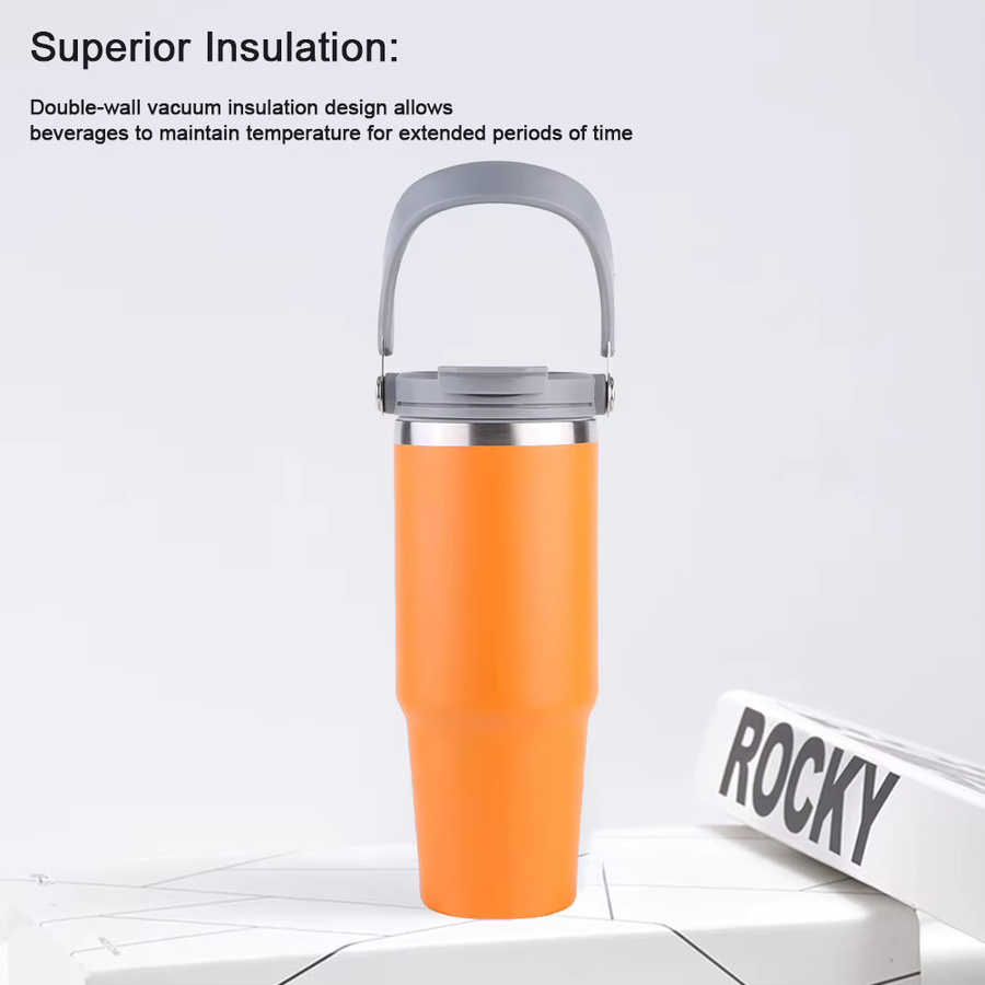 APWIKOGER Isolierter Edelstahl Trinkbecher mit Griff, Vakuum-Trinkflasche für heiße und kalte Getränke, Orange, 887 ml - Bild 2