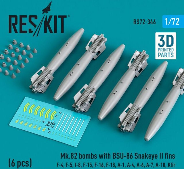 ResKit Models Mk.82 Bombs mit BSU-86 Snakeye II Fins, 6-teiliges Set, 3D Printed - Bild 1