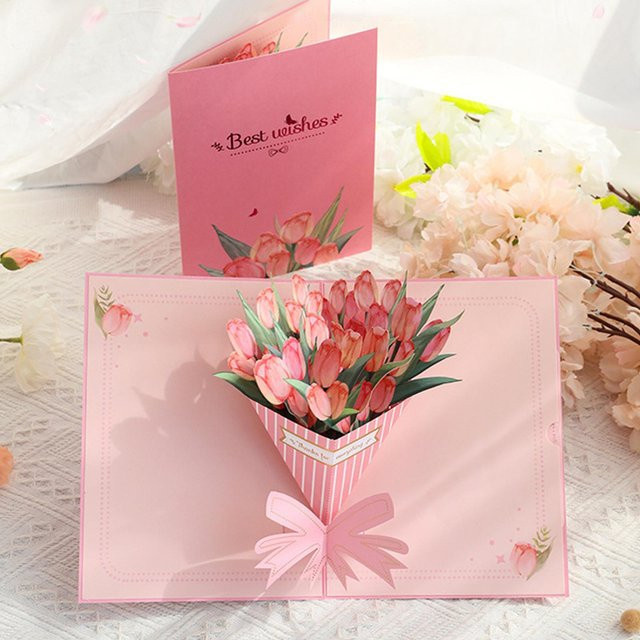 3D-Popup-Grußkarte mit Tulpenstrauß in Weiß und Pink aus Papier - Bild 1