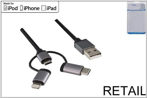 DINIC USB 3in1 Premium Daten- und Ladekabel mit USB-C, Micro-USB und Lightning in Schwarz, Länge: 1 m - Bild 1