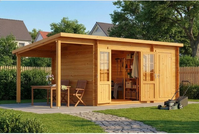 Alpholz Gartenhaus Maria-28 Natur mit Schleppdach, B/T: 450 x 250 cm plus 150 cm Zusatzbreite, imprägniert - Bild 1