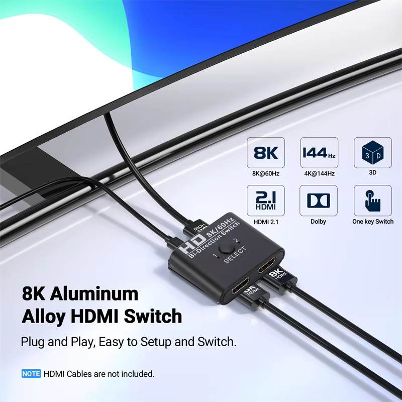 TABLLYUGE Bidirektionaler HDMI Splitter und Switch 1x2/2x1 in Schwarz, 8K 60Hz HDMI-Adapter für PS4, PS3, TV-Box, Monitor und Projektor - Bild 2