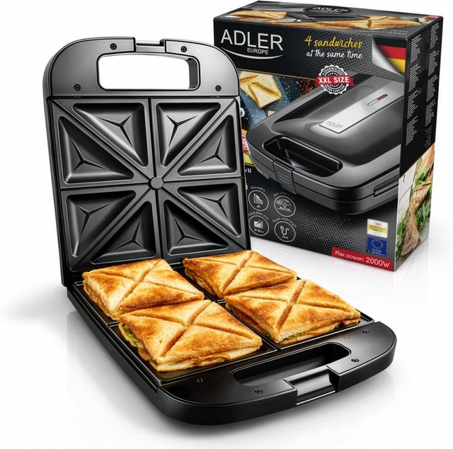 Adler Toaster AD 3055 XXL in Schwarz mit 2000 W Leistung, Antihaftbeschichtung und Platz für 4 Sandwiches - Bild 1