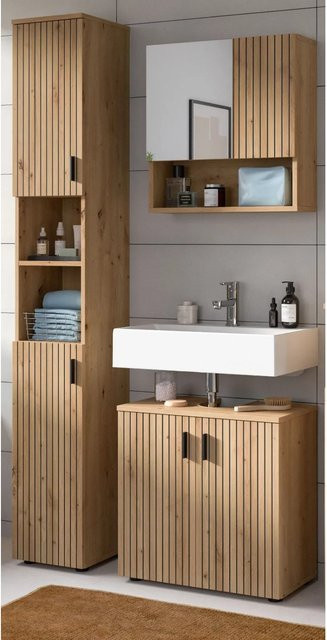 Inn.Furn Badmöbel-Set Livia 3-teilig in Eiche, bestehend aus Hochschrank, Spiegelschrank und Waschbeckenunterschrank, modern mit Leistenoptik, Breite: 105 cm, Höhe: 192 cm, Tiefe: 30 cm - Bild 1