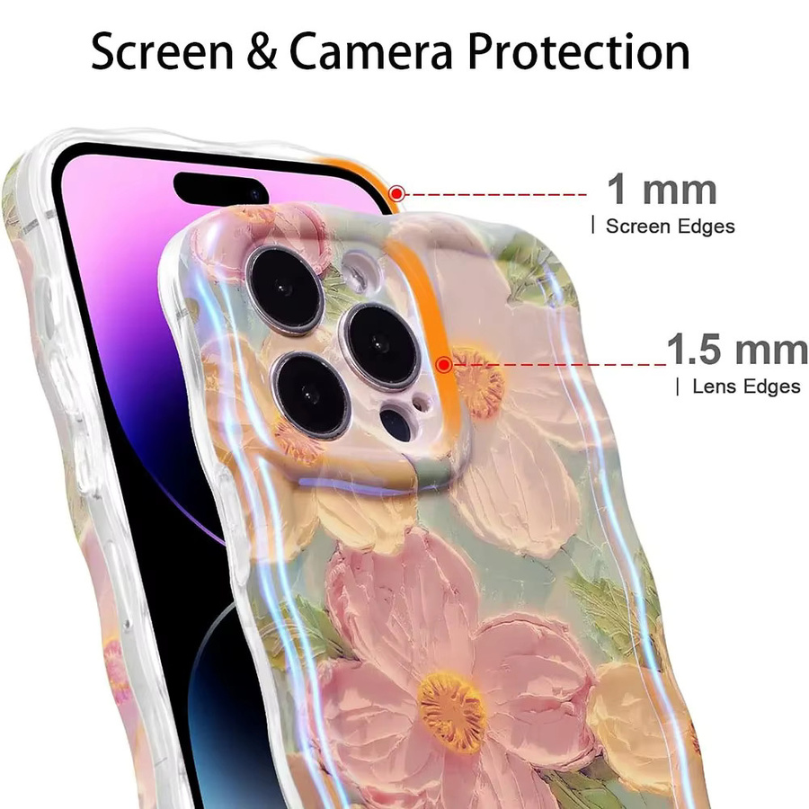 Stilvolle iPhone Hülle mit Retro-Ölgemälde Blumen Design in Gelb und Multicolour mit glänzendem Wellenrand für Apple iPhone 17 bis 16 Pro Max - Bild 3