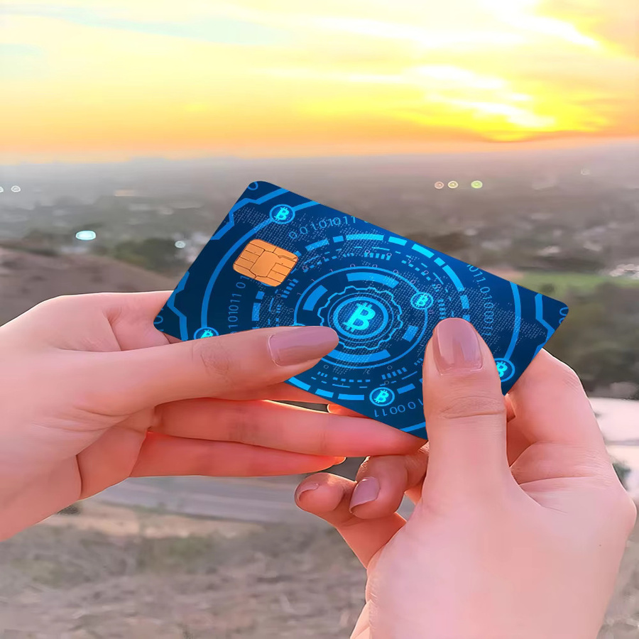 Bitcoin Evolution Of Money Aufkleber mit Anime Cartoon Bär Design für Kreditkarten und Debitkarten in Blau - Bild 1