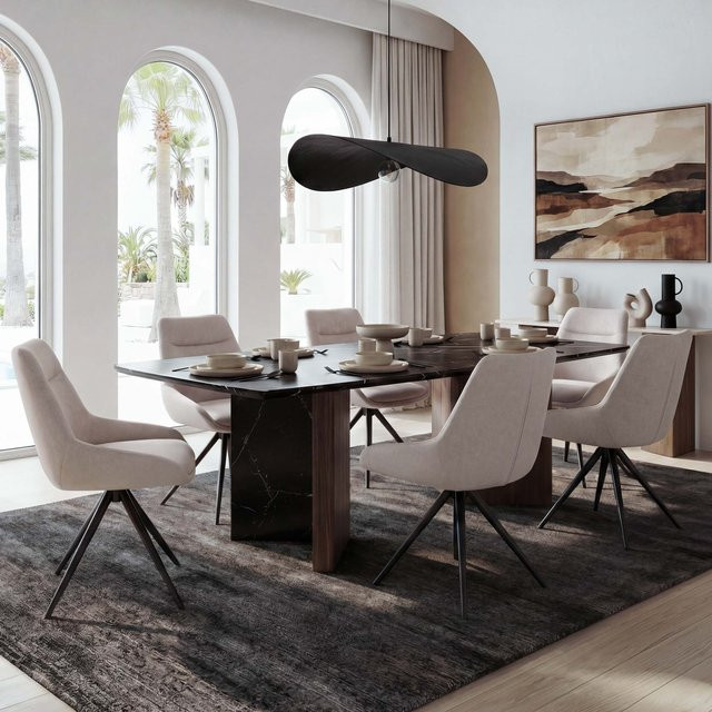 6er-Set MCW Esszimmerstuhl M65 in Beige, drehbarer Küchenstuhl mit Metallgestell und Stoffbezug - Bild 1