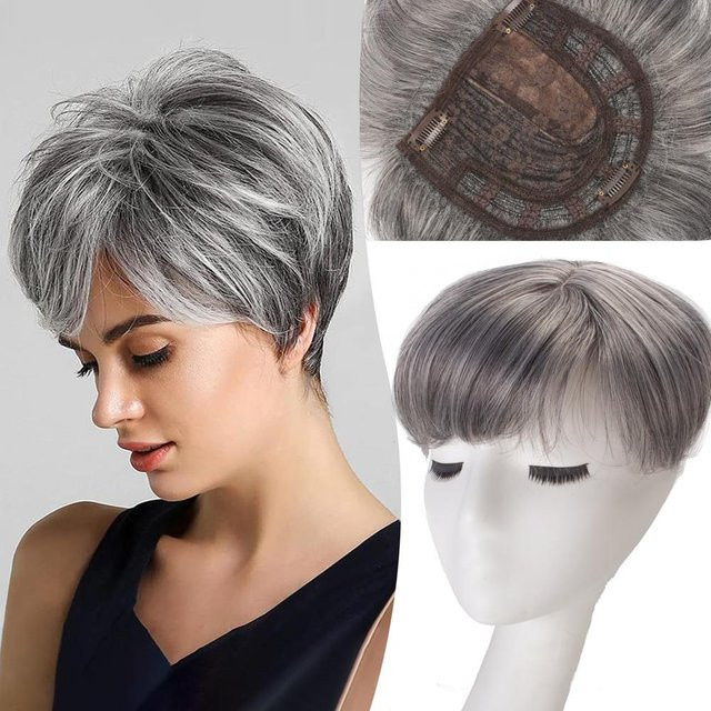 Buntes Mädchen Haar-Topper Clip-In mit Pony, Synthetisch, Silber Grau - Bild 1