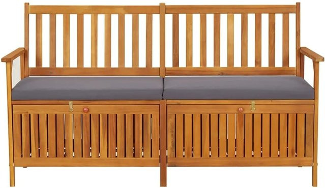vidaXL Truhenbank aus massivem Akazienholz mit Kissen für Garten und Außenbereich, Braun/Grau, B: 148 cm, T: 62 cm, H: 84 cm - Bild 1