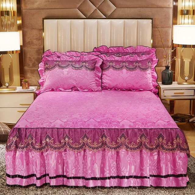 Super Six 3-teilset Bettwäsche aus geprägtem Samt mit Spitze und Plüsch-Bettrock in Pink, King-Size, B: 120 cm, L: 200 cm - Bild 1