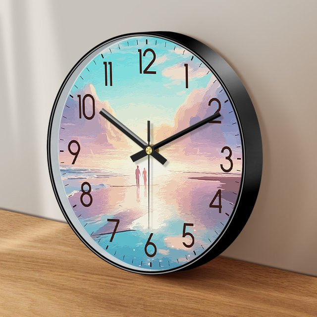 Geräuschlose Wanduhr von P.Chuang mit Strand-Sonnenuntergang-Motiv in Schwarz und Multicolour, analoge Runduhr mit Glas für dein Wohnzimmer oder Schlafzimmer - Bild 1