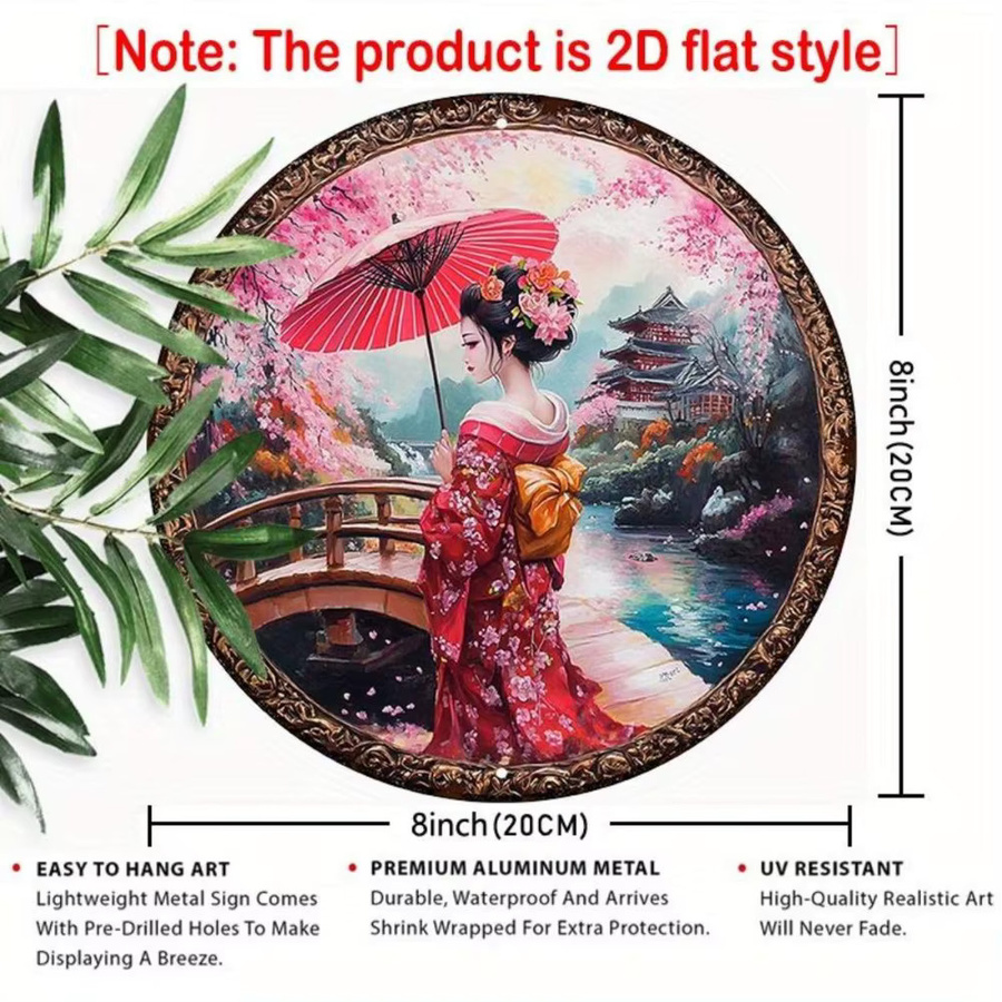 CIFBUY Aluminium-Wanddekoration rund mit Japanischem Geisha und Floralem Design, Farbe Mehrfarbig, Durchmesser: 20 cm - Bild 2