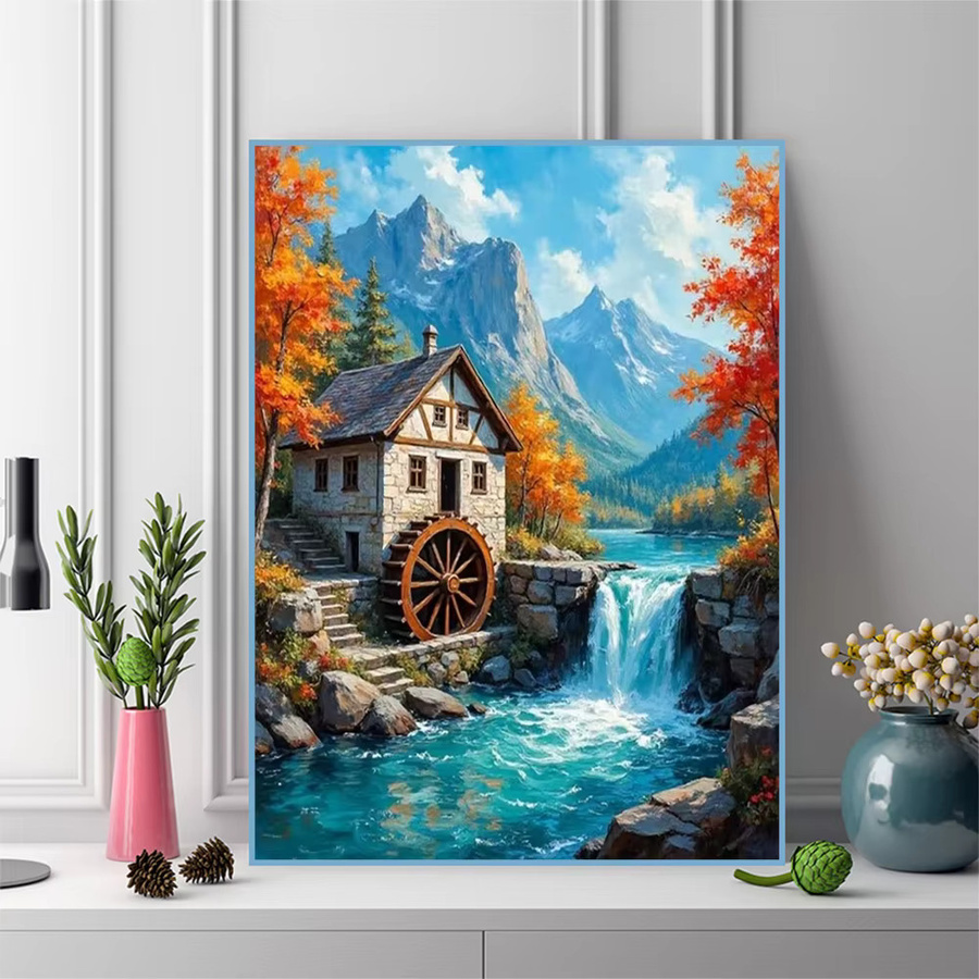 Momoart Diamant-Mosaik DIY Kreuzstich-Stickerei Haus-Landschaft mit Fluss, Rundes Diamant-Gemälde in Multicolour, B/H: 20 x 30 cm - Bild 3