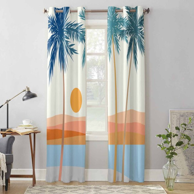 Binchi Outdoor Equipment Boho Fenster Vorhang mit abstraktem Sonnen- und Kokospalmen-Motiv, halbtransparent, Mehrfarbig, B: 135 cm, H: 135 cm - Bild 1