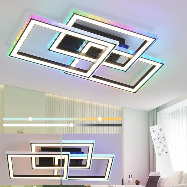 Cliheet RGB-LED-Deckenleuchte in Schwarz, 45W, rechteckig, dreifach drehbar und dimmbar mit Fernbedienung, 3000K-6500K - Bild 1