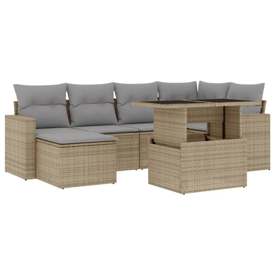 vidaXL 7-tlg Garten-Sofagarnitur in L-Form aus beigem Poly-Rattan mit UV-beständigen Kissen und pulverbeschichtetem Stahlgestell - Bild 2