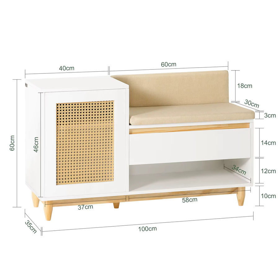 SoBuy Schuhbank FSR128 mit Gitteroptik und Stauraum in Weiß für das Kinderzimmer, B/T/H: 150 x 35 x 35 cm - Bild 2