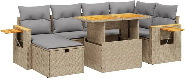 vidaXL 7-teilige Garten-Sofagarnitur in L-Form mit Kissen und Couchtisch, Beige, Poly-Rattan mit Metallgestell - Bild 1
