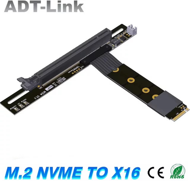 ADT-Link PCIe X4 4.0 M.2 NVMe zu X16 FFC Grafikkarten-Verlängerungskabel mit DC-Stromverstärkung für ATX aufrechte GPU in Schwarz - Bild 1