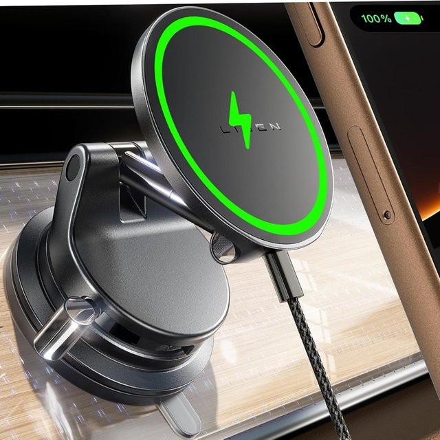 LISEN QI2 25W Saugnapf-Handyhalterung mit 15W Ladefunktion für iPhone 17 16 15 14 13 12 Pro Max Plus, Farbe: Schwarz - Bild 1