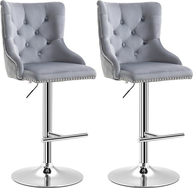 HOMCOM 2er Set Barhocker mit Samt-Optik und Tufting-Design, höhenverstellbare Drehstühle mit Fußstütze für Küche und Bartheke, Hellgrau, B/T/H: 46 x 55 x 102-123 cm - Bild 1