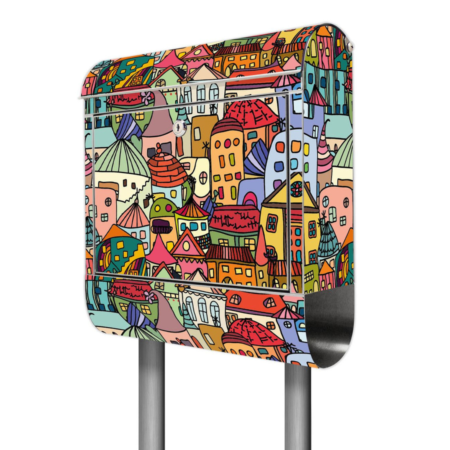 banjado Design Standbriefkasten mit Zeitungsfach und Motiv Funky Town, Farbe: Multicolour, B/T/H: 38 x 14 x 161,5 cm - Bild 1