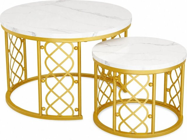 okwish Couchtisch 2er-Set Satztische für dein Wohnzimmer, rund, Weiß und Gold, B/T/H: 70 x 70 x 45 cm - Bild 1