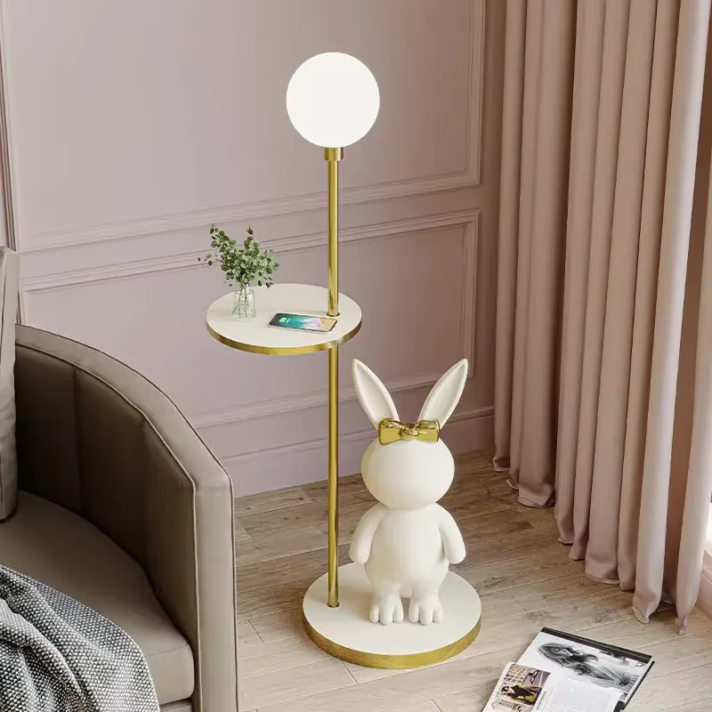 JIANKEXING Moderne LED-Stehlampe im Kaninchen-Design in Weiß mit Gold/Messing-Akzenten für Wohnzimmer, Schlafzimmer und Kinderzimmer - Bild 4