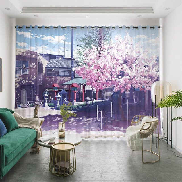 Yiran Furniture Vorhang mit Japanischem Anime Motiv Fuji Berg und Kirschblüte, halbtransparent, Mehrfarbig, Breite: 200 cm, Höhe: 100 cm - Bild 1