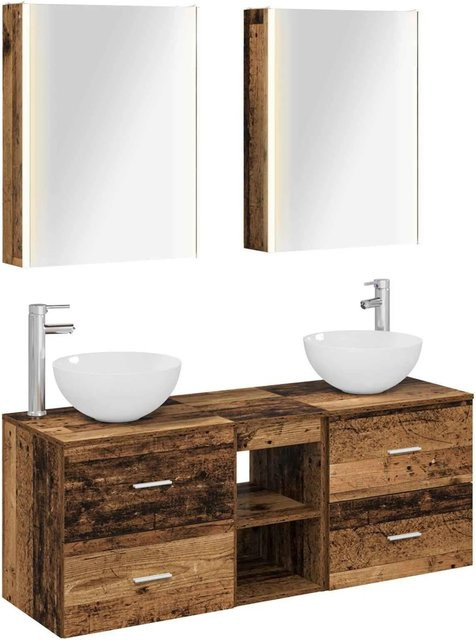vidaXL Badezimmermöbel-Set 5-teilig aus Altholz und Glas in Braun mit LED-Beleuchtung und Spiegelschrank - Bild 1