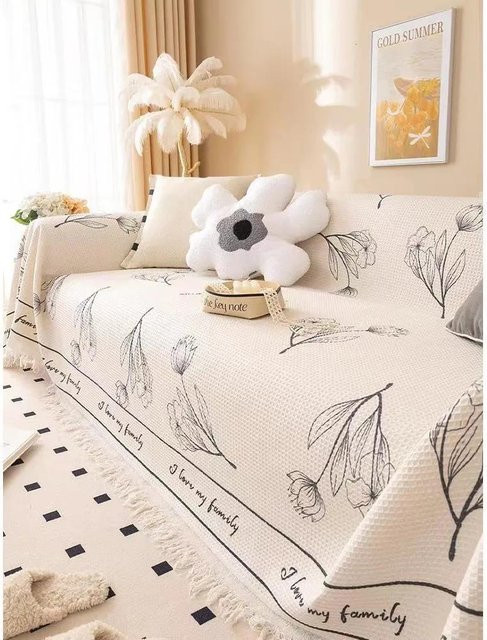 Mehrzweck Sofabezug aus gewebter Baumwolle in Beige mit floralem Muster, B/B: 180 x 130 cm - Bild 1