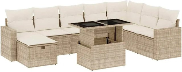 vidaXL 9-teilige Garten-Sofagarnitur in L-Form aus Poly-Rattan mit Kissen in Beige-Creme - Bild 1