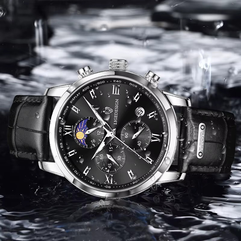 LIGE Armbanduhr, Quarzuhr, Leder, Schwarz, Silber, Herren - Bild 3