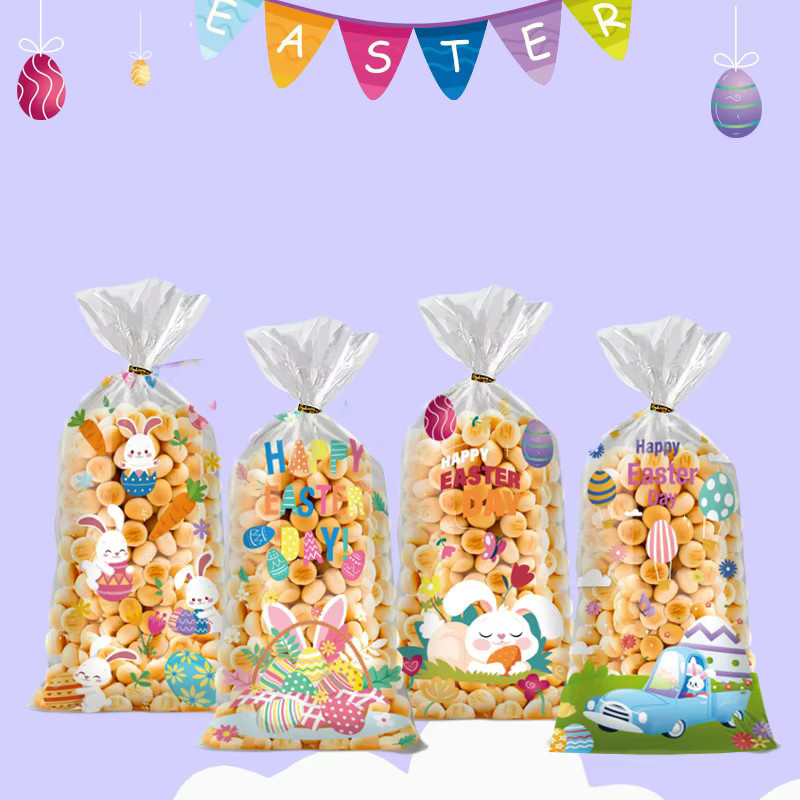 50 Stück bunte Ostern Geschenktaschen mit Kaninchen- und Osterei-Muster sowie goldener Krawatte zur Dekoration - Bild 3