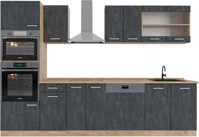 Vicco R-Line Küchenzeile modern in Schwarz Beton und Eiche mit Goldakzenten, Breite: 300 cm - Bild 2