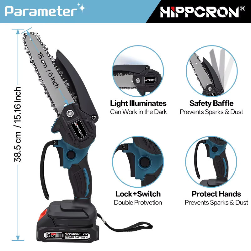 Hippcron 21V Mini-Kettensäge kabelloses Elektrowerkzeug für die Gartenpflege und Holzbearbeitung mit 12000 U/min - Bild 6