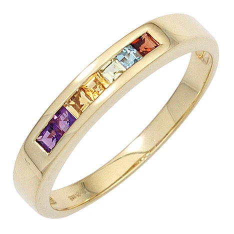 Colfem Ring 585 Gelbgold, Amethyst, Citrin, Granat, Peridot, Blautopas, 54, Damen - Bild 1