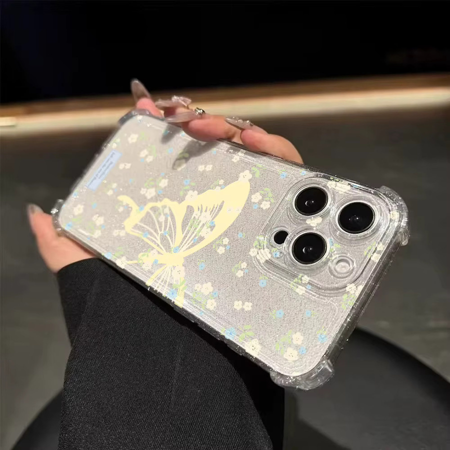 Transparente Silikon Handyhülle mit Schmetterlings-Blumenmuster und Glitzer-Effekt für iPhone 11 bis iPhone 17 Pro Max - Bild 1