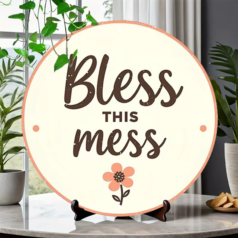 Potdemiel Bless This Mess Rundes Wandkunstschild aus Metall im Vintage-Design mit floralem Muster, Durchmesser: 20 cm - Bild 3