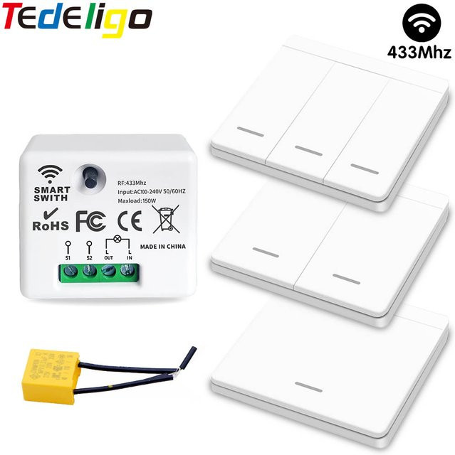 Tedeligo RF 433 MHz 2-Wege-Steuermodul für drahtlose Fernbedienung und Wandschalter, 1/2/3 Gang, Weiß, ohne Neutrallichtschalter, 110-220 V - Bild 1