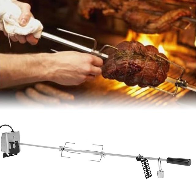 Elektrischer BBQ-Grill-Drehspieß mit Fleischgabeln und Drehmotor aus Edelstahl in Silber für Camping und Haushaltskochen - Bild 1