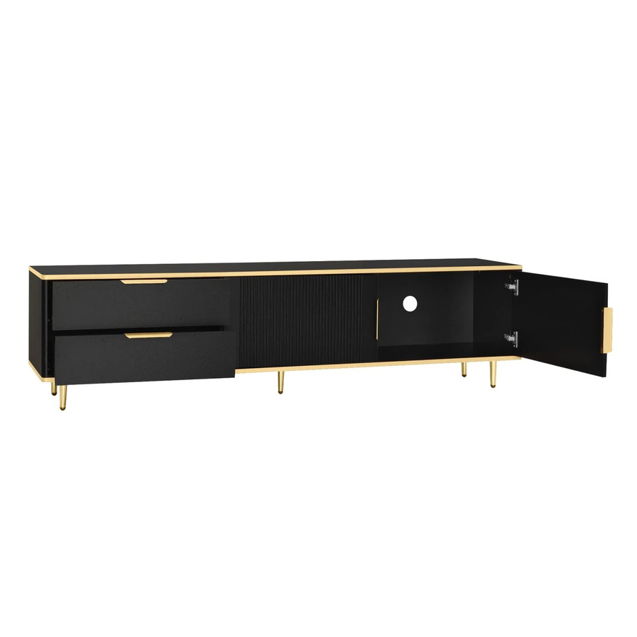 okwish TV Schrank in Schwarz mit geschnitzter Struktur, goldenen Griffen und goldenen Füßen, B/T/H: 175 x 37 x 45 cm - Bild 2