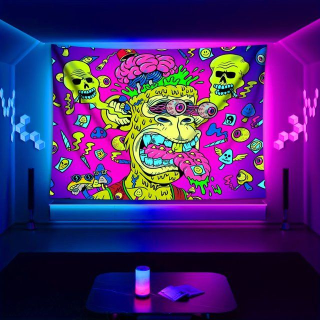 VIKAMA Wandtapisserie Psychedelic Cartoon mit Gehirn Affe und Schädel Muster in Multicolor - Bild 1